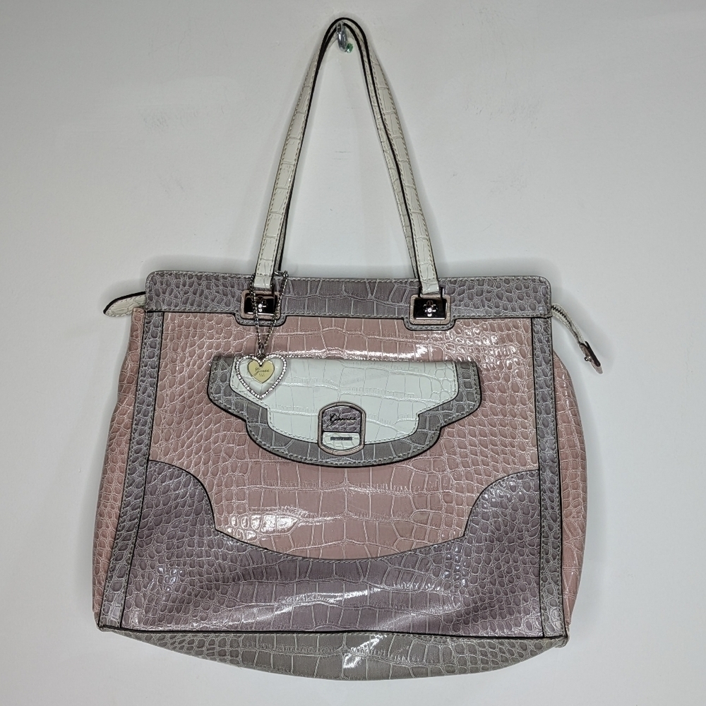 Guess Newlyn pink purple white faux crocodile shoulder bag